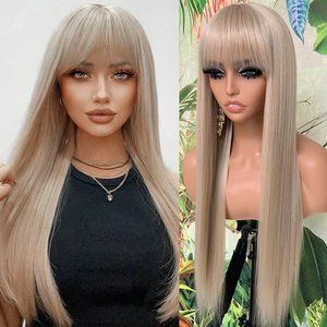Women Ash Blonde Synthetic Long Straight Hair Wigs with Bangs